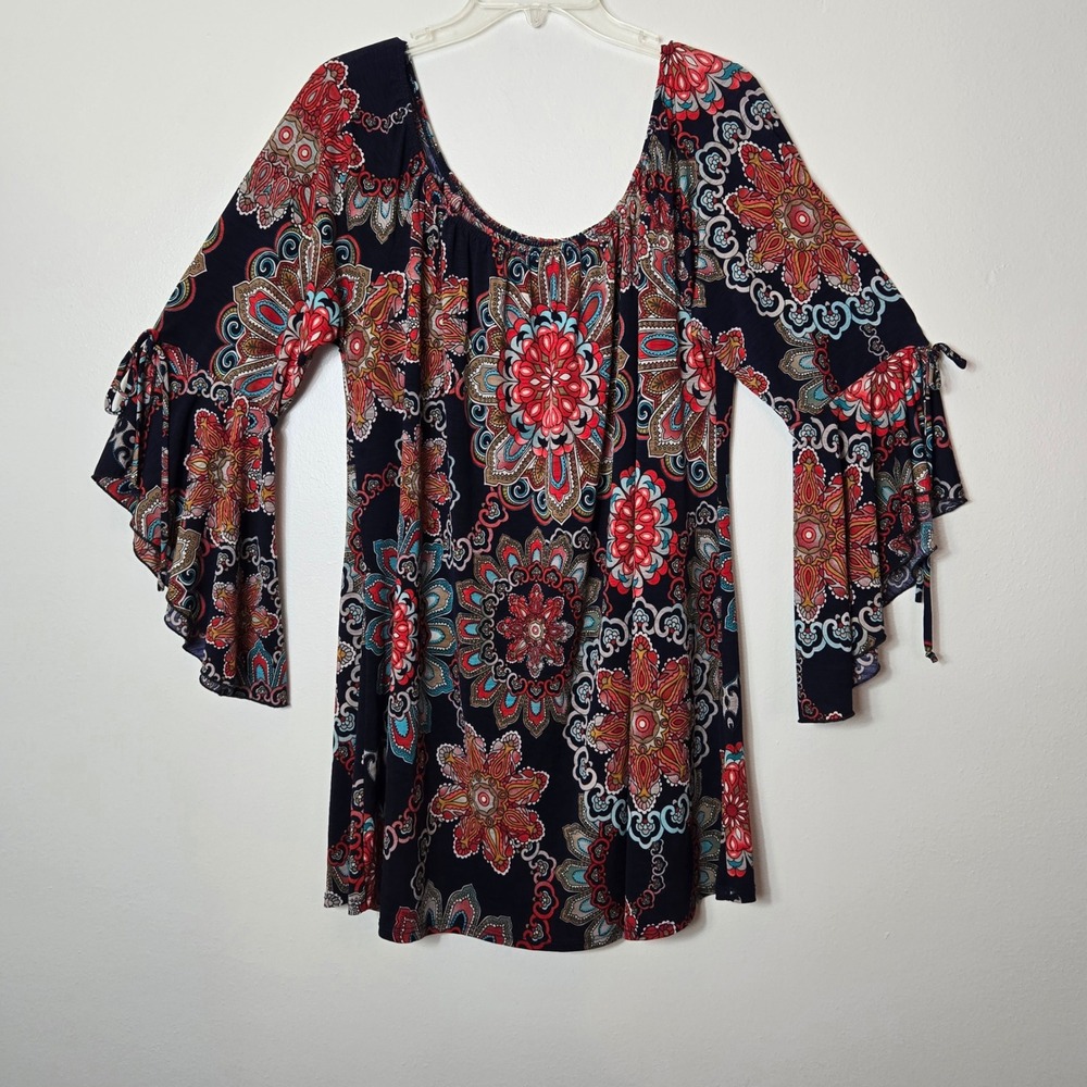 SASS Womens Paisley‎ Floral Mandala Bell Sleeve Off Shoulder Tunic Top Large USA